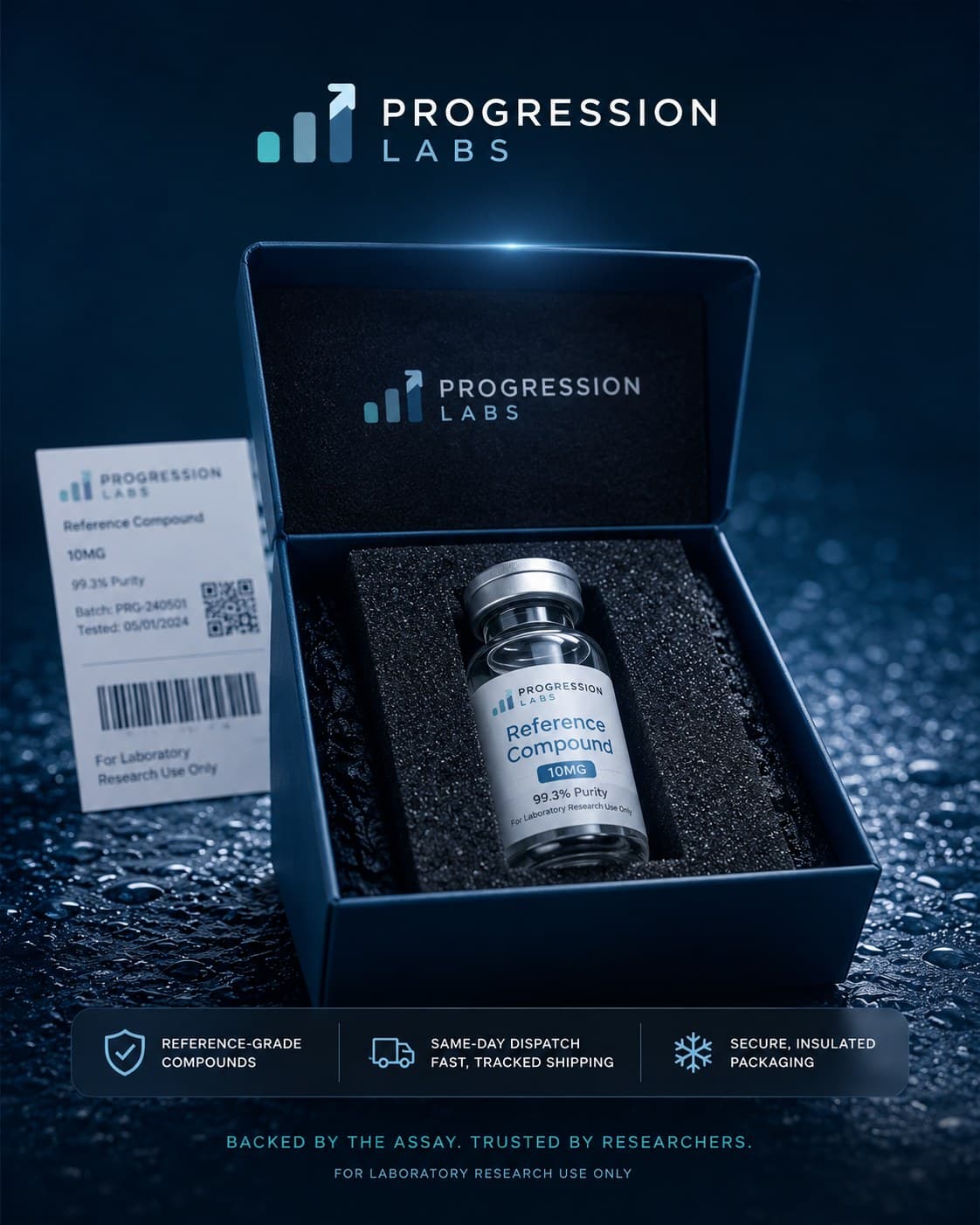 A Progression Labs reference compound vial sealed in insulated, tamper-evident packaging